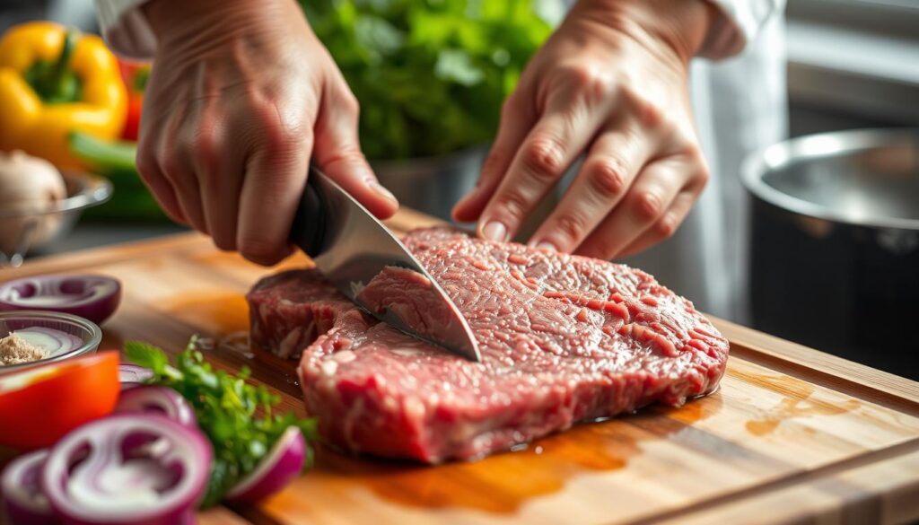 slicing beef for Philly cheesesteak