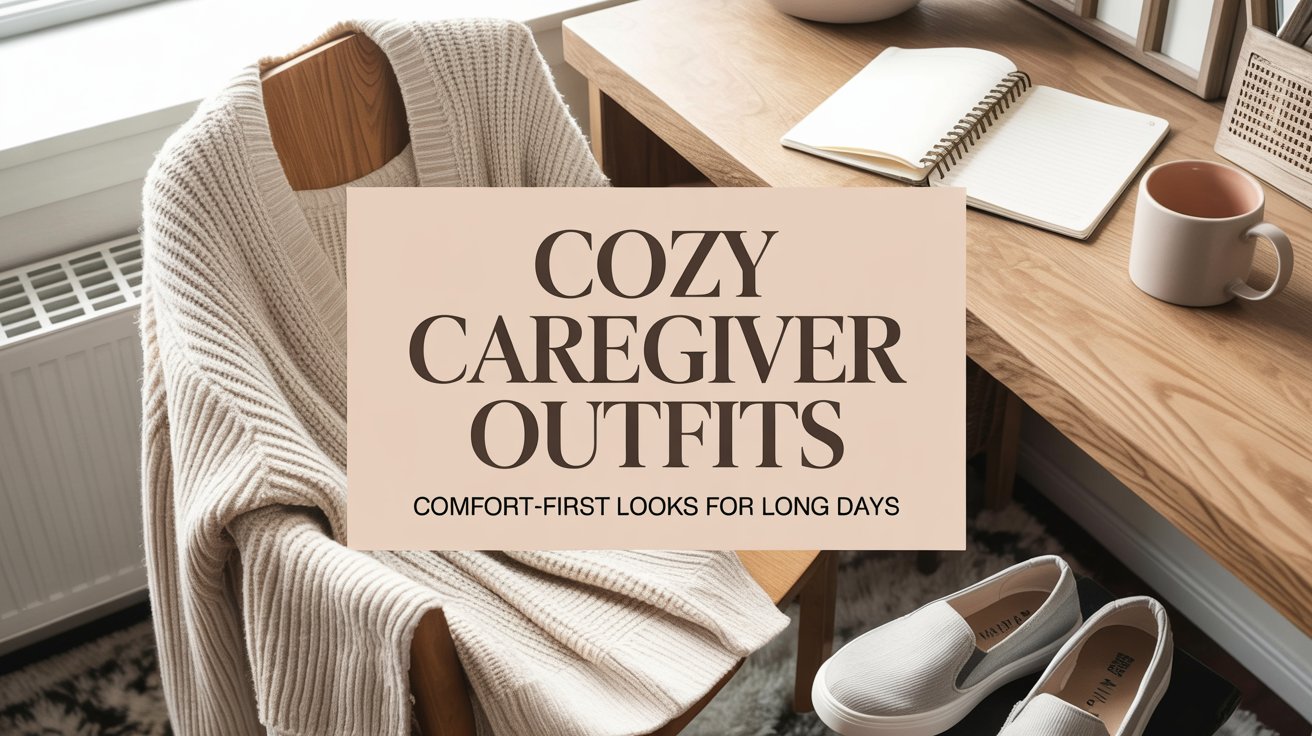 Cozy caregiver outfits styled on a feminine neutral desk with soft knit clothing, comfortable pants, and calm lifestyle elements for long caregiving days