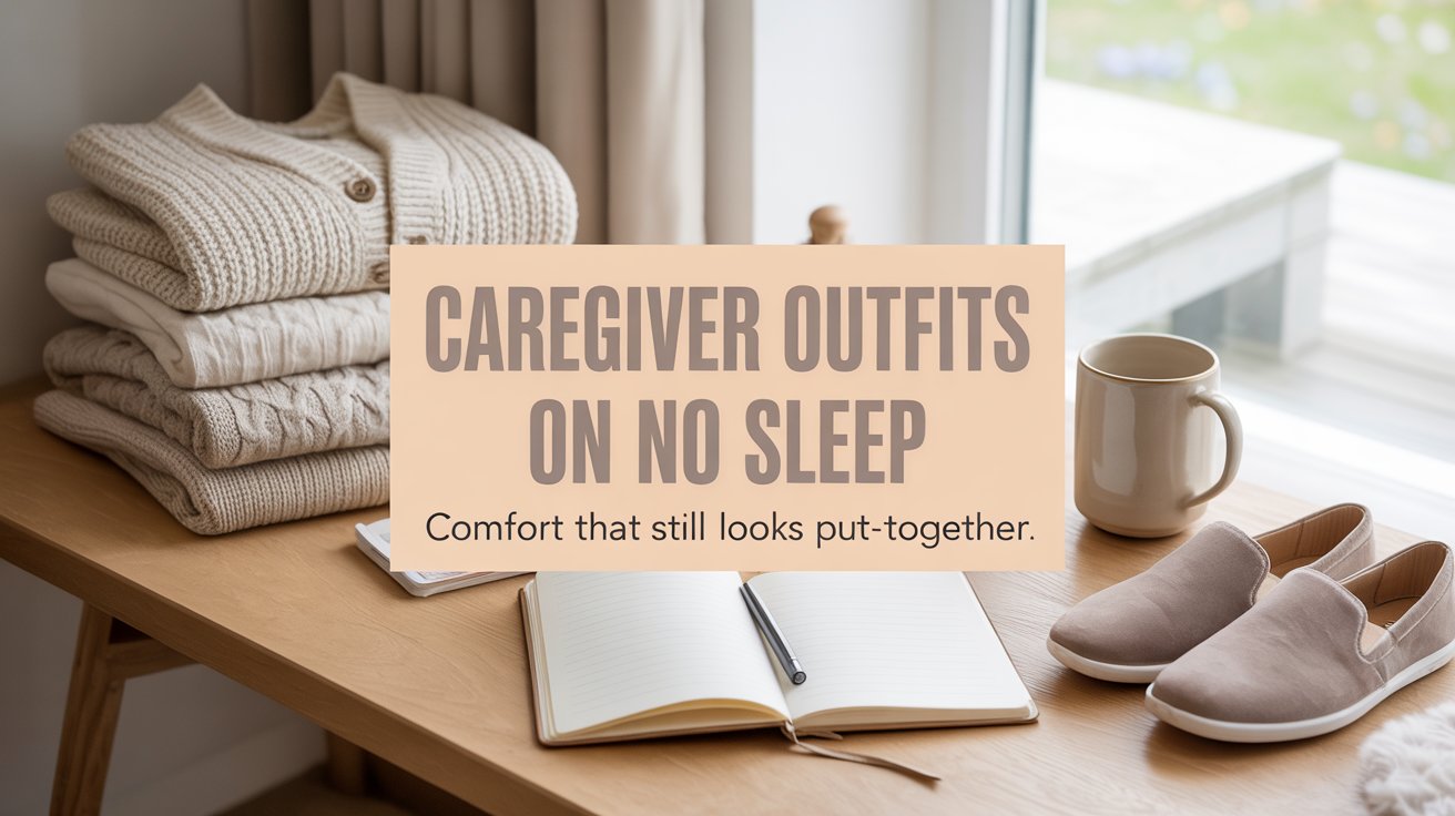 Comfortable caregiver outfits styled on a feminine neutral desk with soft clothing, cozy layers, and calm lifestyle details for long days on little sleep