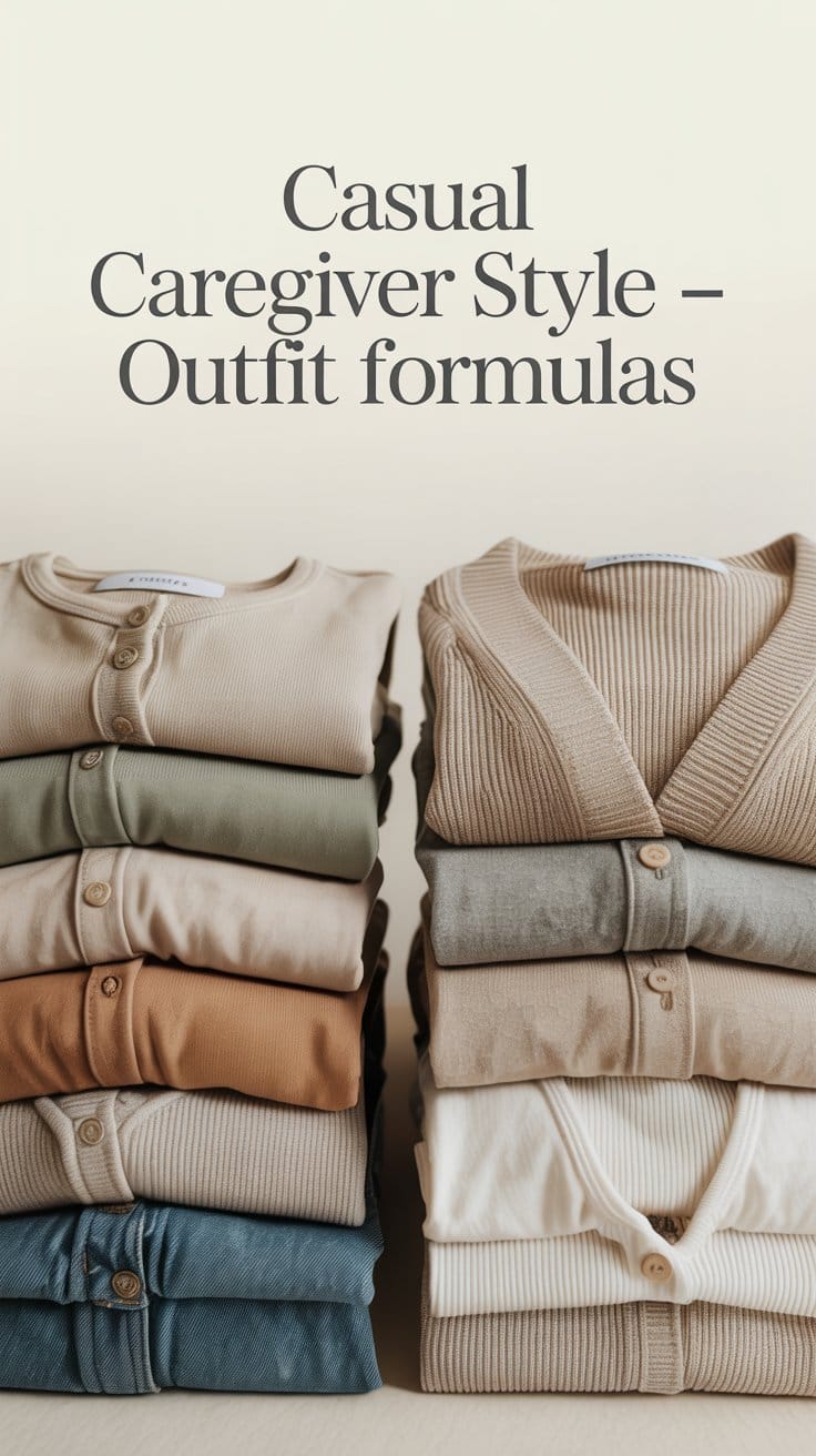 Casual caregiver style outfit formulas displayed as folded clothing sets with coordinated tops, bottoms, and layers