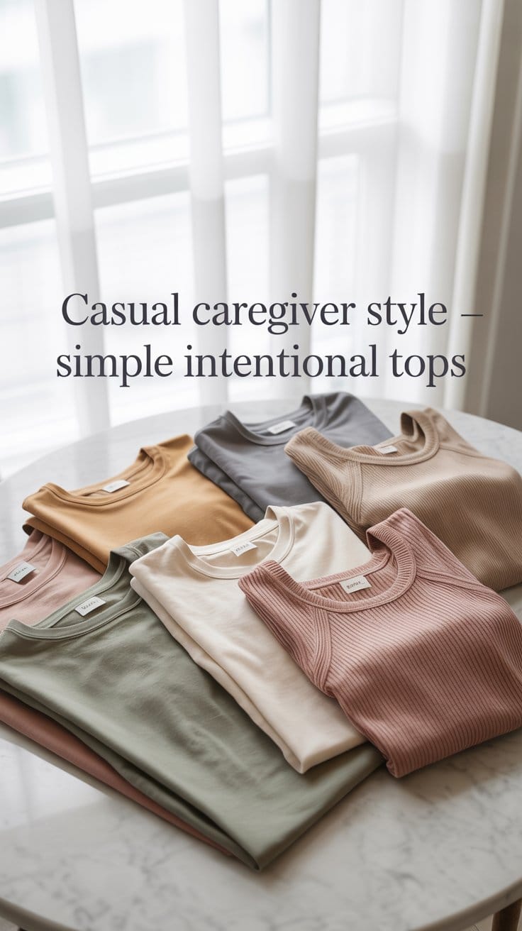 Casual caregiver style tops featuring soft tees, knit shirts, and relaxed tanks styled in warm neutral tones
