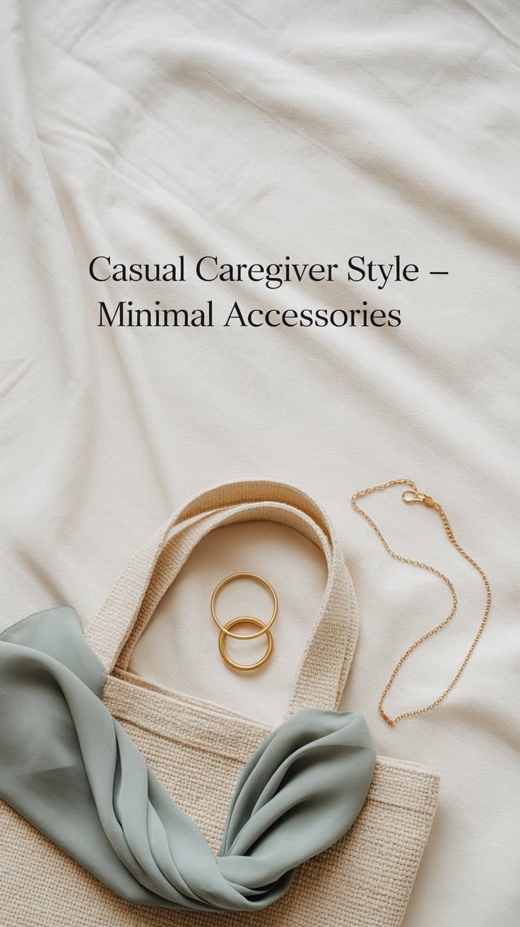 Casual caregiver style minimal accessories such as a tote bag, scarf, and simple jewelry styled on soft fabric