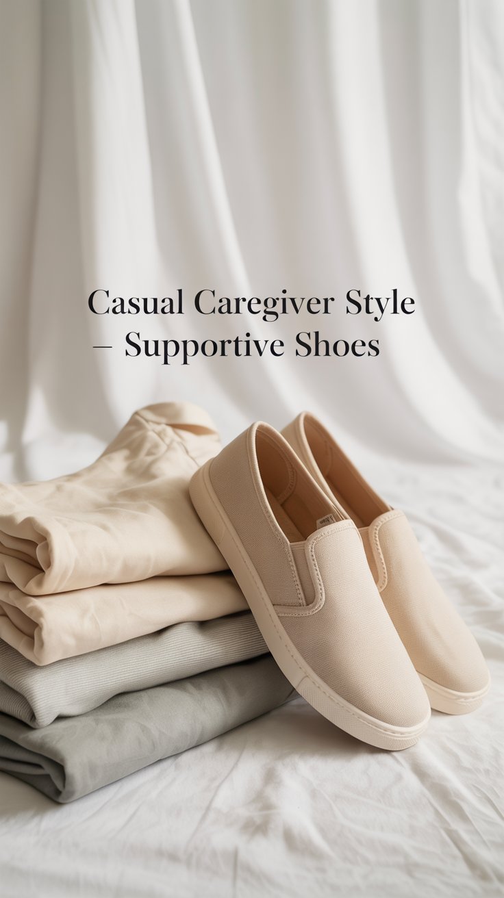 Casual caregiver style supportive shoes including slip-on sneakers and flats placed beside folded neutral clothing
