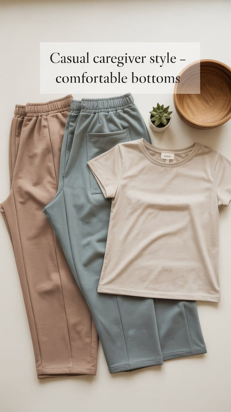 Casual caregiver style comfortable bottoms including pull-on trousers and wide-leg pants arranged on a neutral surface