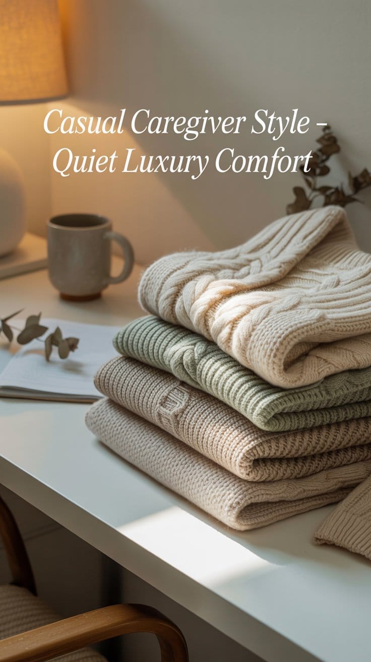 Casual caregiver style quiet luxury comfort scene with soft knit layers, neutral textures, and a peaceful feminine workspace