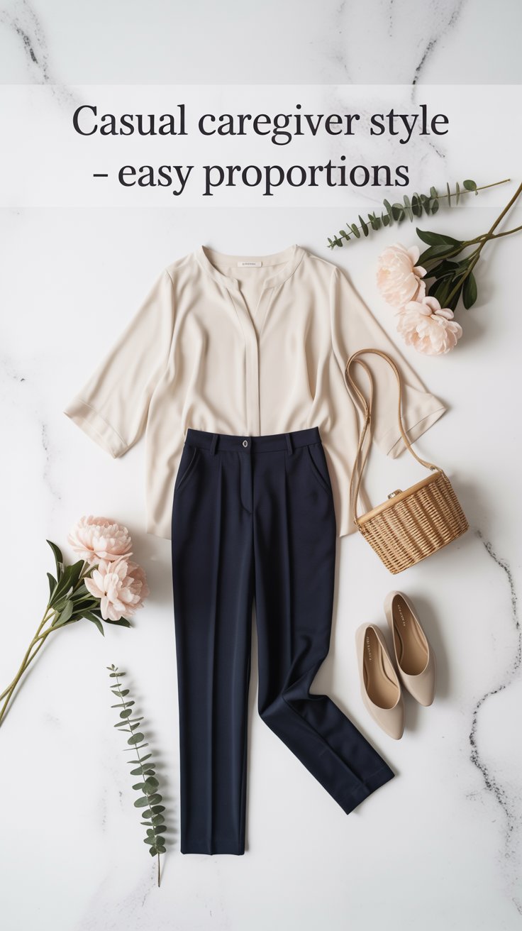Casual caregiver style outfit proportions showing a loose top paired with straight-leg pants in a clean, minimalist setting