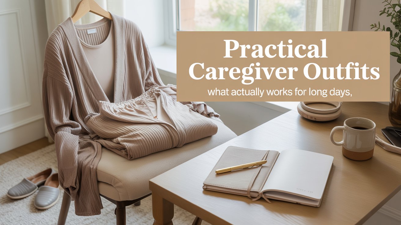 Practical caregiver outfits displayed on a feminine neutral desk with stretch-fabric clothing, comfortable layers, and everyday essentials for long caregiving days