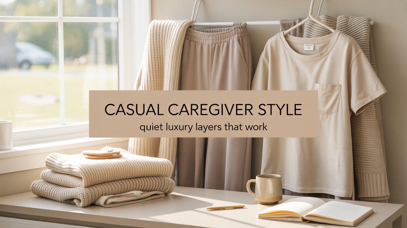Casual caregiver style with quiet luxury layers displayed on a feminine neutral desk with soft knit clothing, calm textures, and comfortable everyday essentials