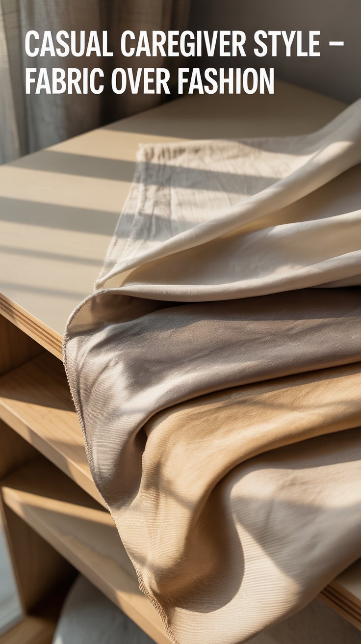Casual caregiver style fabric details showing cotton, bamboo, and modal textiles arranged neatly in a quiet luxury neutral color palette